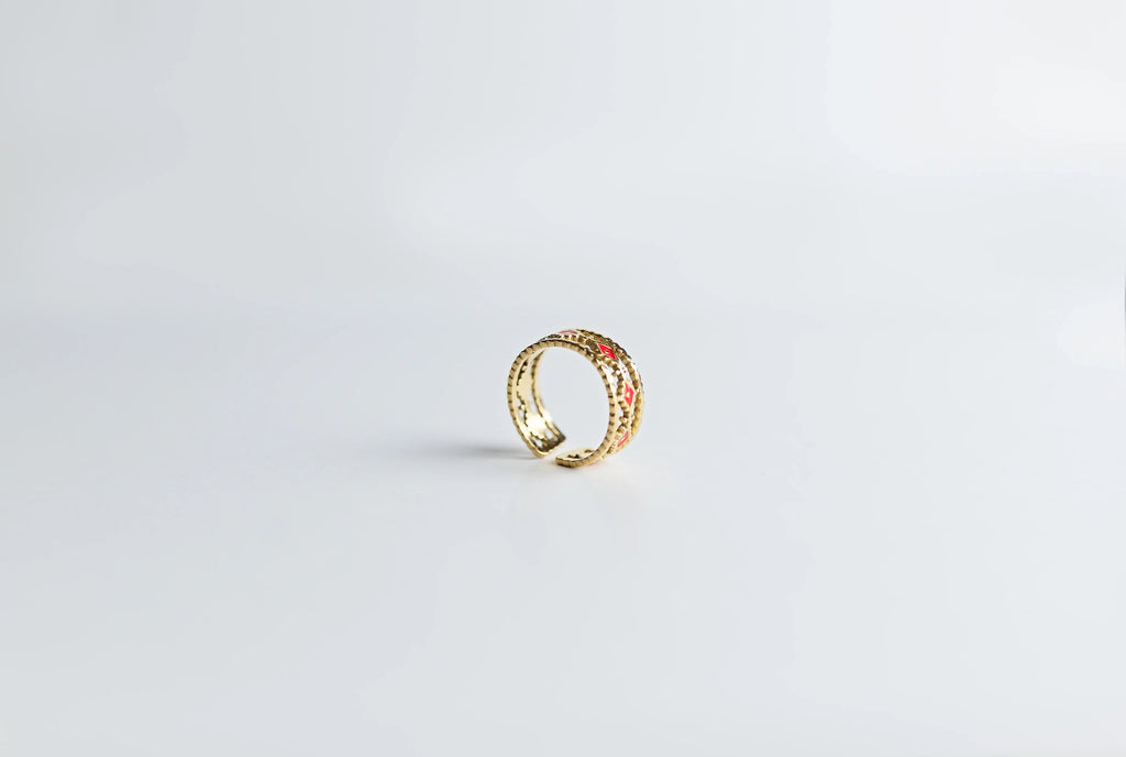 Anillo Ajustable "Rombos Esmaltados" en Acero Inoxidable 316L y Esmalte Rojo