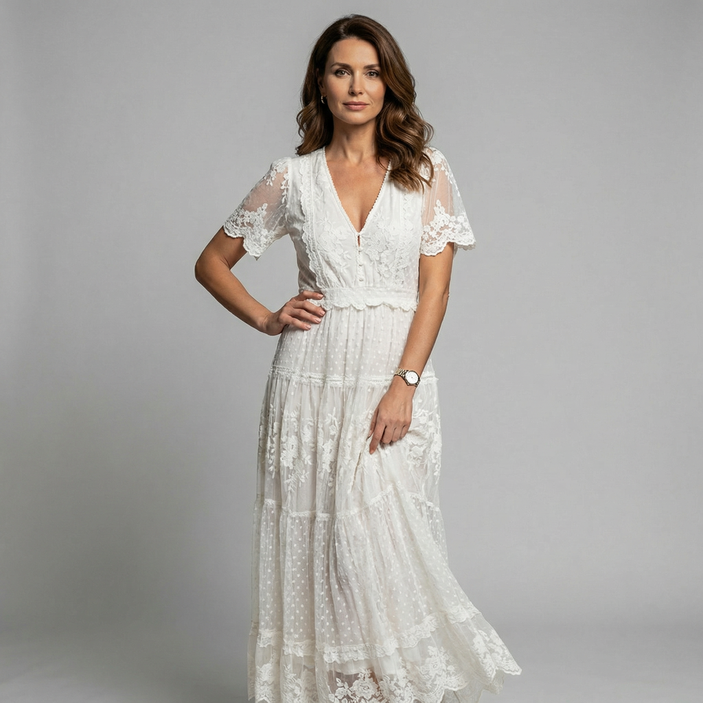 Amaya – Vestido Midi Boho con Encaje y Bordados