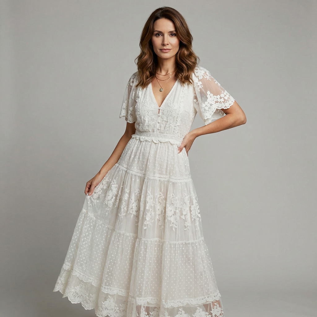 Amaya – Vestido Midi Boho con Encaje y Bordados